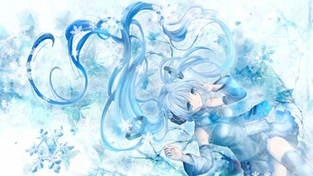 Hatsune miku - vocaloid, headphones, twintails, blue hair, snow, hatsune miku