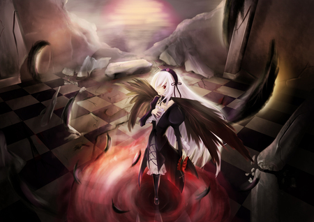 Suigintou - rozen maiden, wings, feathers, gothic, evil, dark, red eyes, white hair