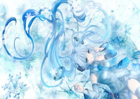 Snow Hatsune Miku - pretty, anime, vocaloid, snowflakes, twintail, snow, hatsune miku, blue hair, snow miku, nice, blue eyes, skirt, beautiful, thighhighs, beauty, cool, miku, awesome, cold, cute, blue white, hatsune, vocaloids