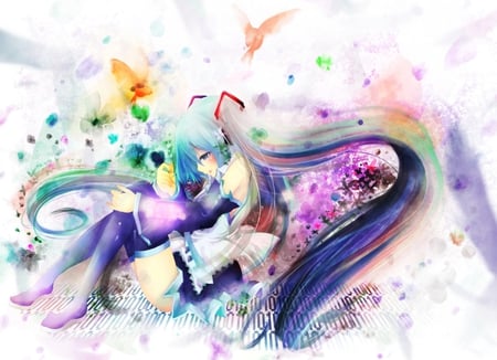 Hatsune Miku - pretty, code, anime, raindow, vocaloid, birds, twintail, hatsune miku, sad, sorrow, nice, blue eyes, abstract, skirt, beautiful, thighhighs, beauty, colors, cool, sweet, colorful, miku, awesome, cute, hatsune, vocaloids