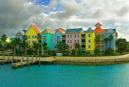 Condos of the Carribean - carribean, ocean, shoreline, condos, colorful, yellow, pink, blue, green