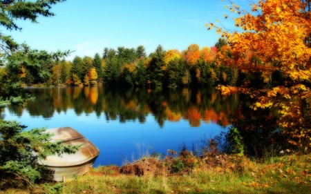 Autumn - boat, grass, reflection, leaves, view, lake, sky, trees, water, beautiful, beauty, colors, fall, boats, colorful, nature, autumn, peaceful