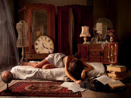 So Sleepy - sleeping, woman, beauty, carpet, she, female, people, hair, candles, room, sleepy, book, legs, pretty, clock, lamp, hands, candle, girl, lovely, vase, mirror, beautiful, paper, books, flowers