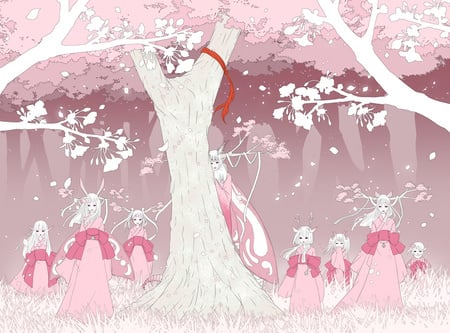 Pink Demon Girls - anime, kimono, demon girls, nature