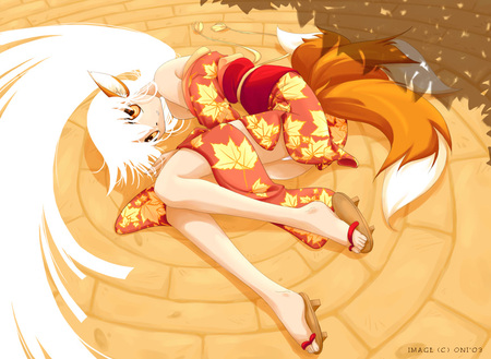 Kitsune Girl - tail, sexy, girl, long hair, orange eyes, fox, ears, anime, kitsune, cute, white hair