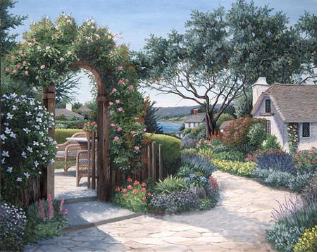 Neighbors - trees, vines, chairs, table, stones, flowers, painting, hedges, sidewalk, plants, lake, trellis, houses, sky