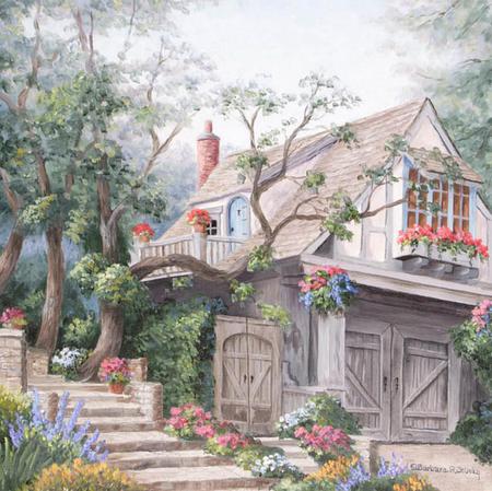 Carmen's Country Cottage - cottage, windows, trees, gate, pots, bushes, painting, balcony, door, steps, flowers, stones