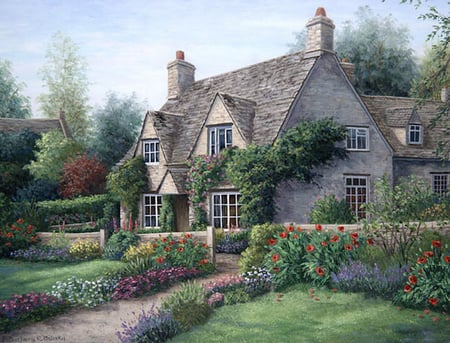 Welcome to Helen's Summer Home - windows, fence, trees, chimneys, bushes, painting, roof, lawn, walkway, house, flowers