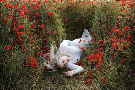 Sleeping in a field of poppies - girl, field, poppies, red