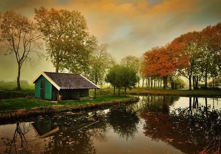 Silent autumn - reflections, trees, water, autumn, sky