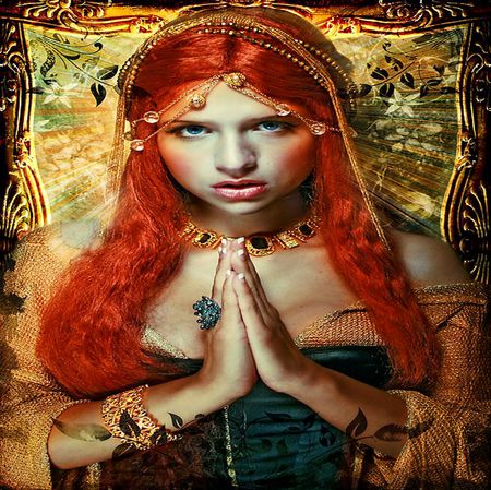 FAITH, PRAY.. - beauty, woman, faith, god, pray, gold, yellow, red, happy