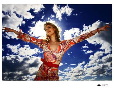 TOUCH THE SKY - woman, sky, blue, colorful, cluds, dress