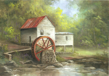 Hazel Creek Mill - wheel, mill, power, country, grinding, woods, grains, river, histiry