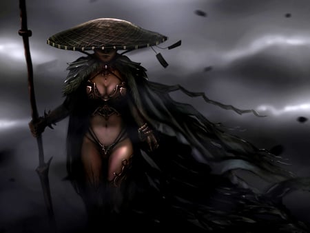 Dark Warrior - armor, black, warrior, woman, spear, dark