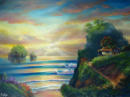 Sunset Glory - hill, trees, beach, island, ocean, reflection, flowers, waves, paradise, hut, sky