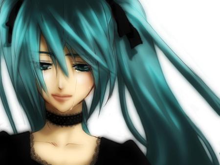 Hatsune Miku - pretty, tears, anime, vocaloid, blue, twintail, dress, hatsune miku, real, sad, blue hair, black dress, nice, blue eyes, realistic, beautiful, beauty, cool, black, white, miku, awesome, cute, hatsune, vocaloids