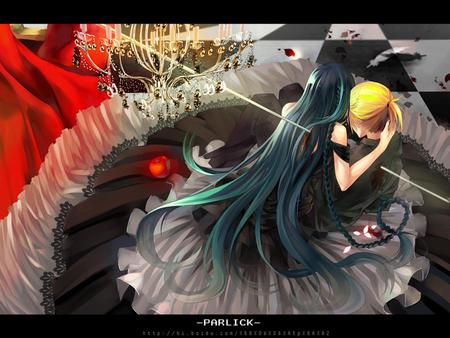 Himitsu - Kuro no Chikai - twintail, yellow hair, black, kagamine, rin, suit, anime, miku, black dress, hatsune miku, kagamine rin, sad, ponytail, blood, vocaloids, blue hair, hatsune, vocaloid, blue, shot, dress