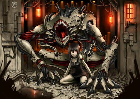 anthropomorphism - red eyes, dark, monster, evil, dress, mecha