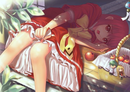 APPLES! - chibi, wet, bells, red yes, red hair, apple, dress, squrt