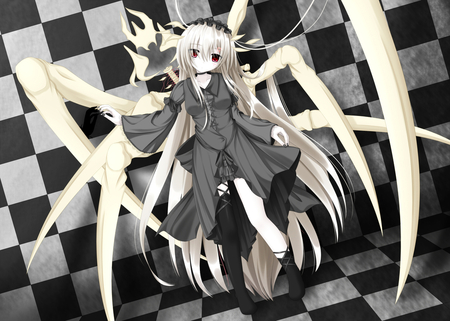 masiroke - spooky, gray, dress, long hair, creepy, red eyes, white hair