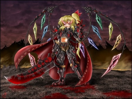 played to many MMORPGS - pony, blood, flandre scarlet, cape, blonde, sword, tail, long hair, red eyes, armor, wings, weapon, bow