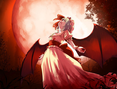 scarlet - blood, moon, red, wings, dress, fangs