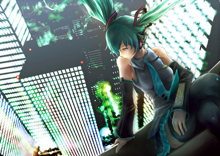 Hatsune Miku - aqua, hot, headset, thighhighs, dangerous, colorful, roof tops, city lights, cool, hatsune miku, sexy, rainbow, skirt, blue eyes, buildings, skyscrapers, vocaloids, vocaloid, beautiful, nice, realistic, beauty, twintail, pretty, green, anime, miku, cute, looking down, blue hair, hatsune, roof, headphones, blue, tie, city, awesome, lights