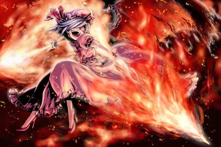 remilia scarlet - evil smile, red eyes, remilia scarlet, wings, color, fire