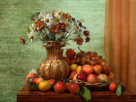 Bountiful - fruits, pears, daisy, basket, apples, vase, curtain, beautiful, table, flowers, grapes