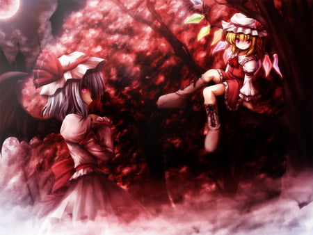 flandre scarlet - dark, red, wings, tree, blood, lights