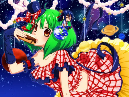 Macross - macross frontier, stars, brown eyes, pastry, satome alto, green hair, macross, ranka lee