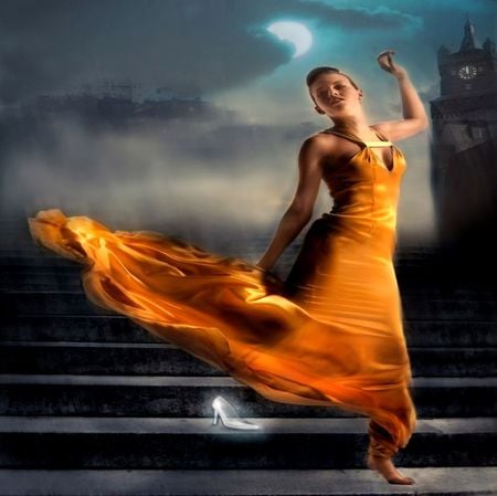 CINDERELLA - woman, stairs, night, run, lost, away, yellow, orange, shoes, dress