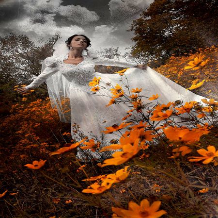 AUTUM BRIDE - clouds, bride, leafs, nature, autum, dress, run, away