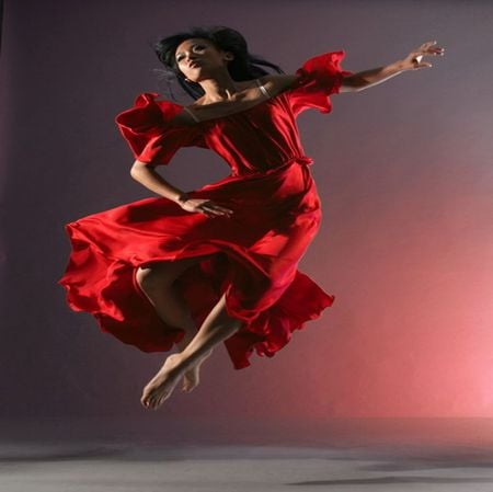 DANCE IN RED - woman, dance, music, jump, dress, happy