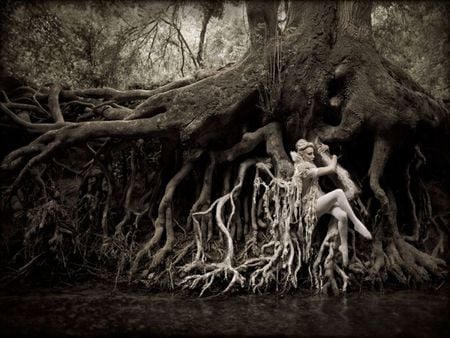 LIVING TOGETHER IN HARMONY.. - living, black, fantasy, white, woman, lake, tree, life