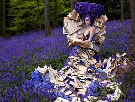 DRESS FROM BOOKS - hat, reading, dress, books, grass, flower, purople, fantasy, woman