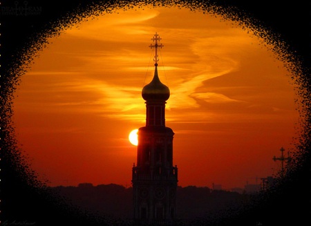 Moscow Skyline - black, sunset, onion dome, spire, cross, orange, architecture