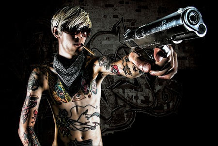 New Kid on the Block - fantasy, tattoos, gun, cigar, artwork, graffiti, character, sunglasses