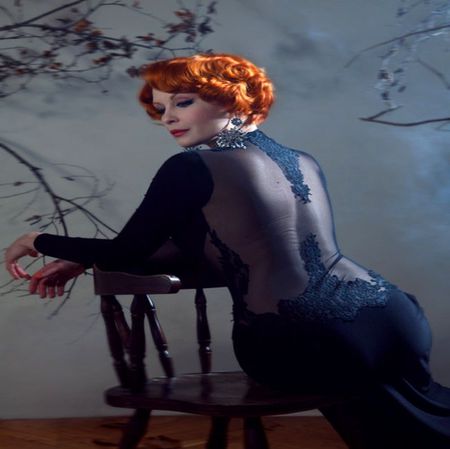 REDHEAD ELEGANCE - woman, beauty, redhead, female, elegant, model, grey, blue, seatting, photo, dress