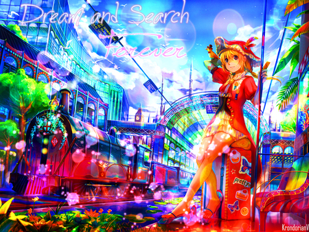 Dream and Search Forever - sky, clock tower, female, hot, hat, transportation, anime girl, tower, fantasy, train, cloud, anime, plant, house, tree, cute, scene, sexy, building, scenic, girl, bird, vehicle, train station, transport, town, city, animal, scenery, dress, flower