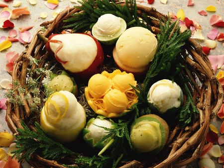 Painted Table - basket, colors, sweets, fruits, natural