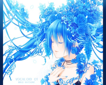 Flowery Miku - anime, anime girl, vocaloid, female, hot, girl, hatsune miku, flower, long hair, miku, blue hair, rose, cute, sexy