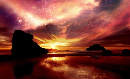 Technicolor Explosion - sky, clouds, red, water, sunset, black, rocks