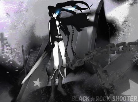 Black Rock Shooter - black rock shooter, twintails, weaopn, boots, chain, black hair, sword, blue eyes