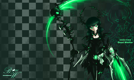 Dead Master - armor, black rock shooter, weapon, green eyes, horns