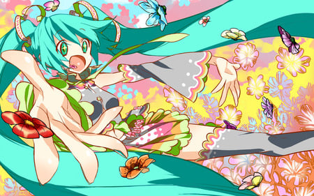 Hatsune Miku - beauty, nice, thighhighs, twintail, colorful, cool, pretty, petals, anime, miku, cute, hatsune miku, skirt, blue eyes, vocaloids, blue hair, hatsune, vocaloid, beautiful, flowers, awesome