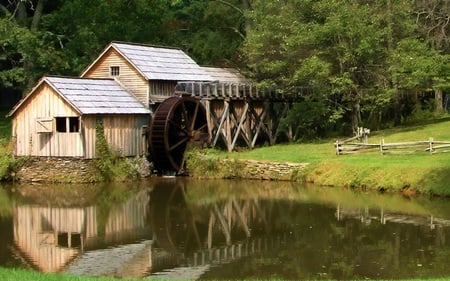 Water Mill - fields, beautiful, spring, grass, river, forests, nature, green, water mill, hut