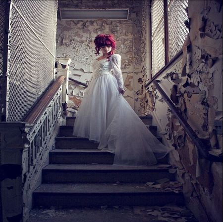 REDHEAD UPSTAIRS - house, sheer, dress, hair, head, stairs, white, red, broken