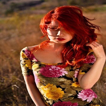 THE BEAUTY OF RED HAIR - dress, flowered, spring, hair, young female, filed, red, pretty face, lover