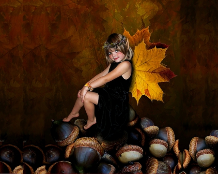 LITTLE AUTUMN FAIRY - nuts, autumn, maple, leaves, wings, fairy, cute, little